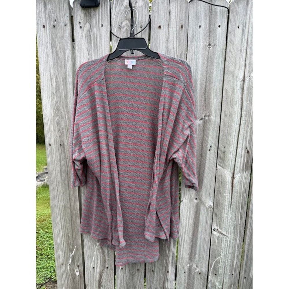 Boho Casual LuLaRoe Cardigan Size M Grey Pink Striped Lightweight Open Front
